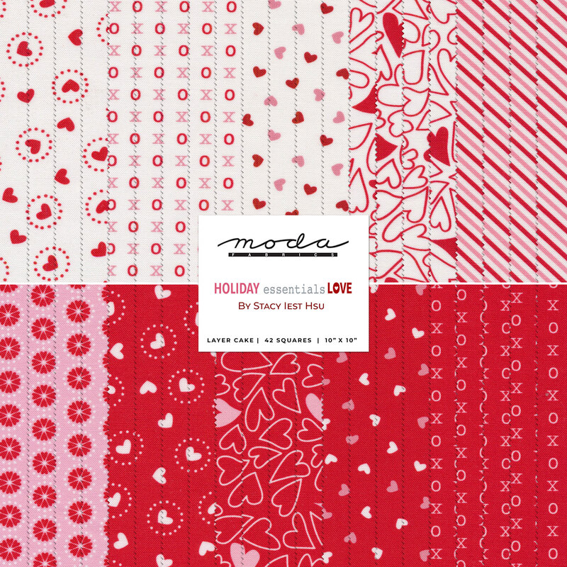 A collage of red, white, and pink Valentine's day fabrics included in the Holiday Essentials - Love layer cake by Moda Fabrics