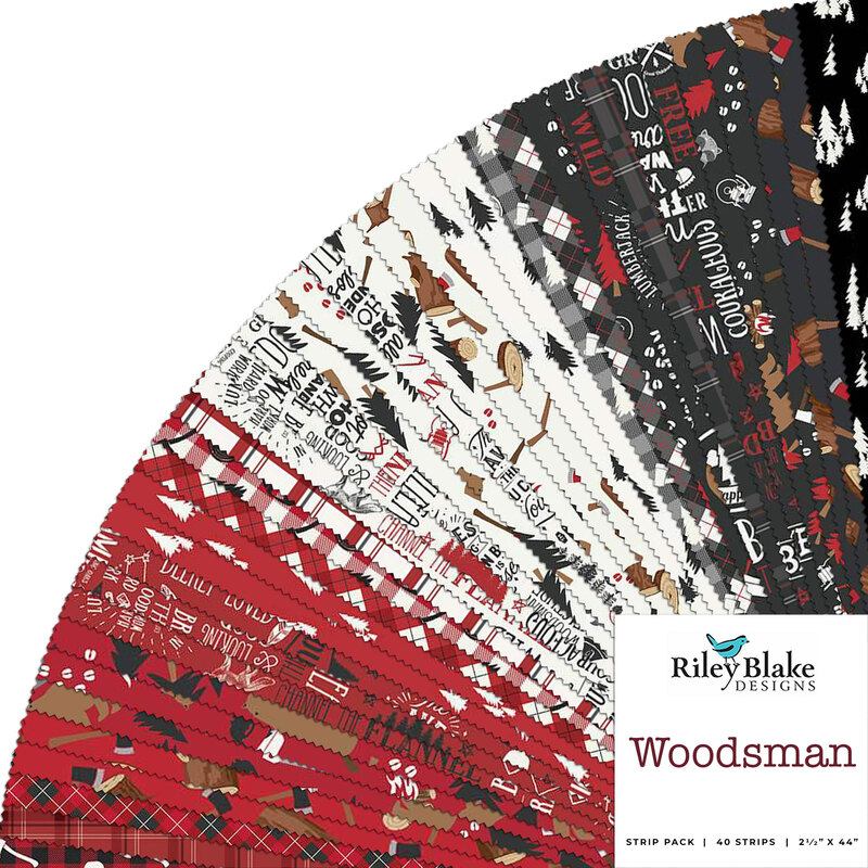collage of all fabrics included in Woodsman rolie polie, ranging from warm red to cream to black