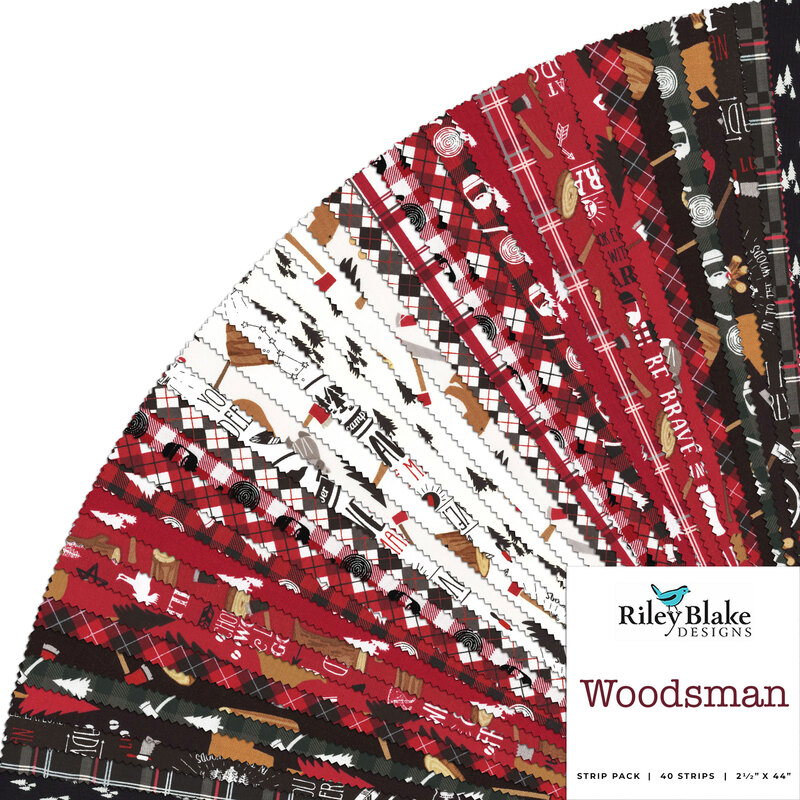 collage of all fabrics included in Woodsman rolie polie, ranging from warm red to cream to black