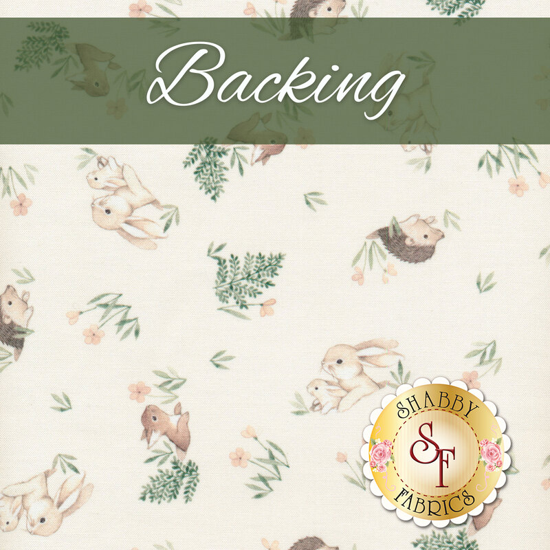 A swatch of cream fabric with small bunnies, squirrels, and hedgehogs with little tossed flowers. A forest green banner at the top reads 