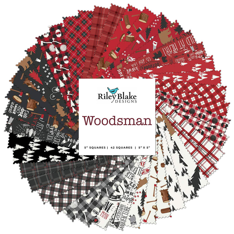 collage of all fabrics included in Woodsman mini charm pack, in warm red, black, and cream