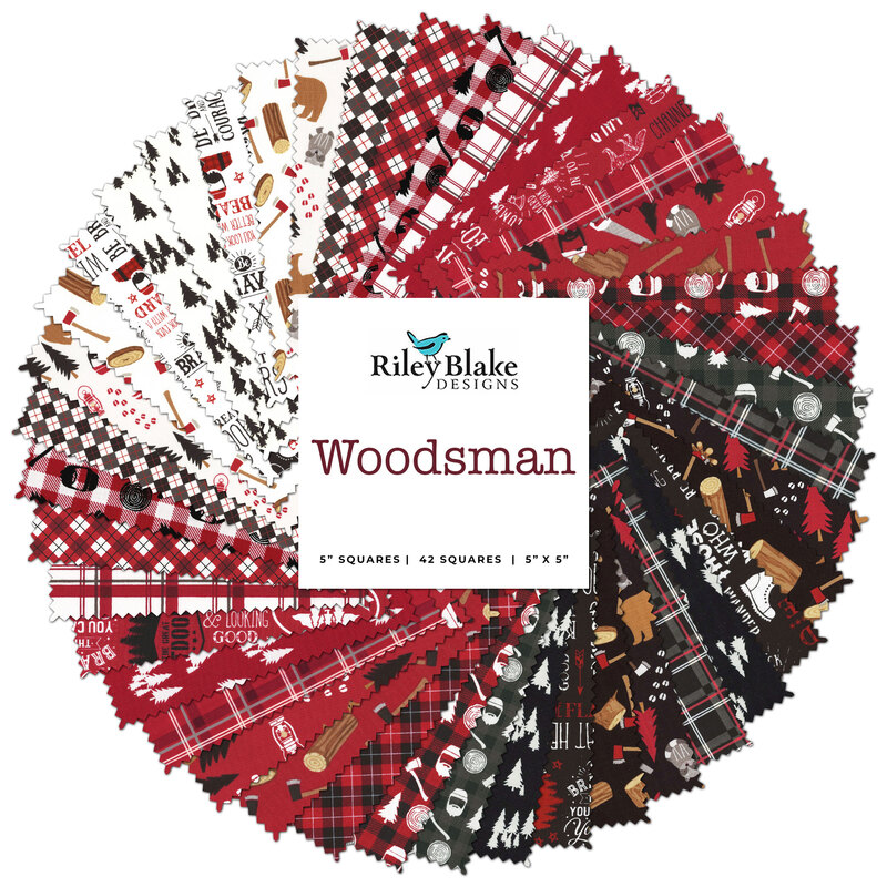 collage of all fabrics included in Woodsman mini charm pack, in warm red, black, and cream