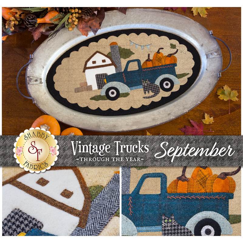 A collage of images showing an autumn themed wool table topper with a vintage truck, cat, and barn