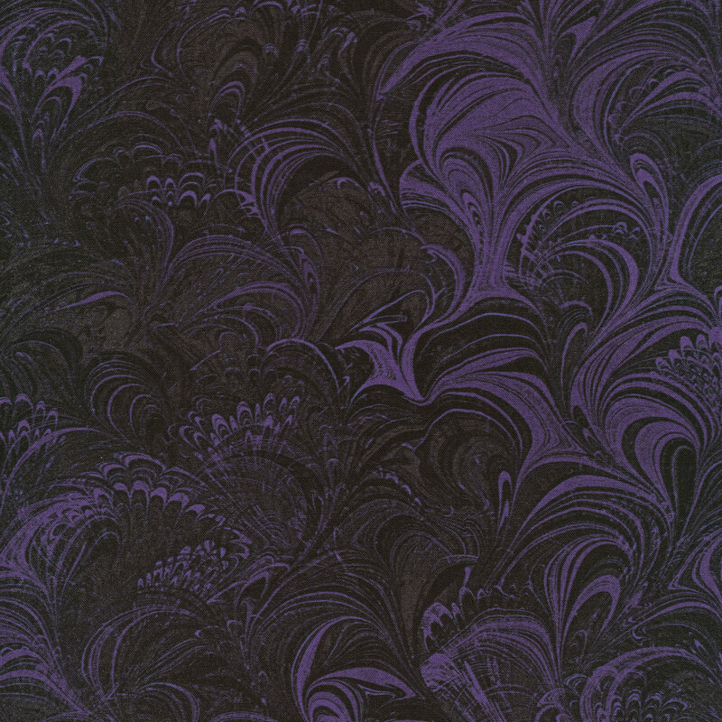 Fabric with purple abstract marbled scallops, consisting of tonal variation and grey and black accents
