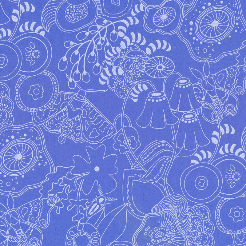 Fabric featuring flowers, butterflies and more in white modern lines on a dusty cornflower blue background.