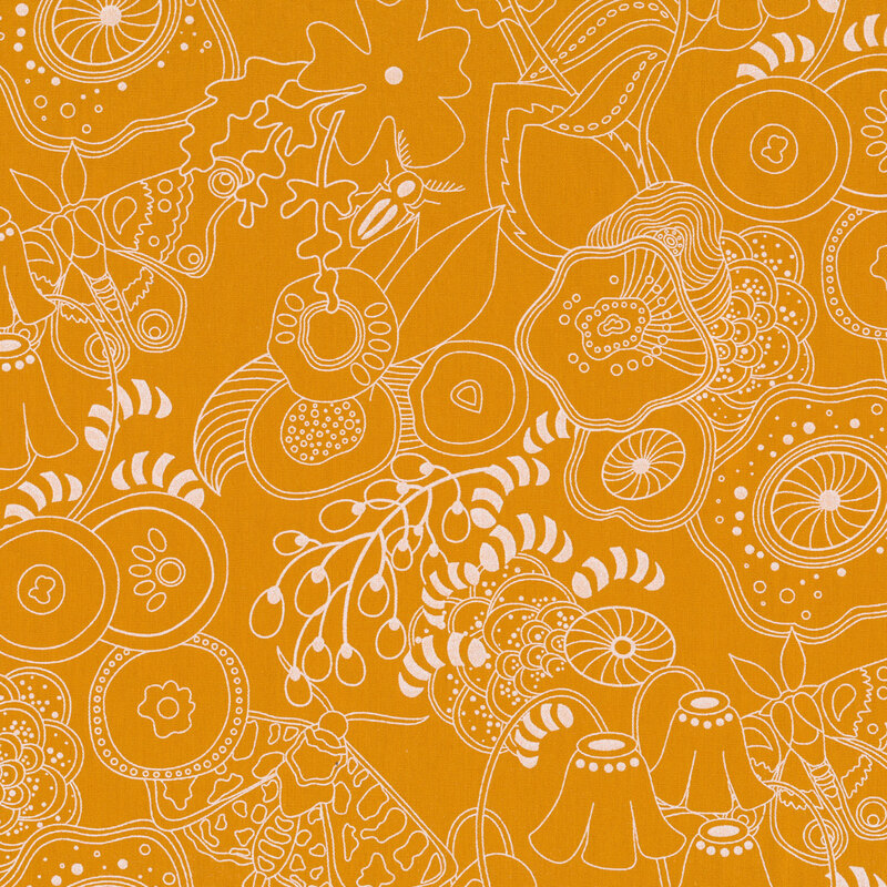 Fabric featuring flowers, butterflies and more in white modern lines on a golden yellow background.