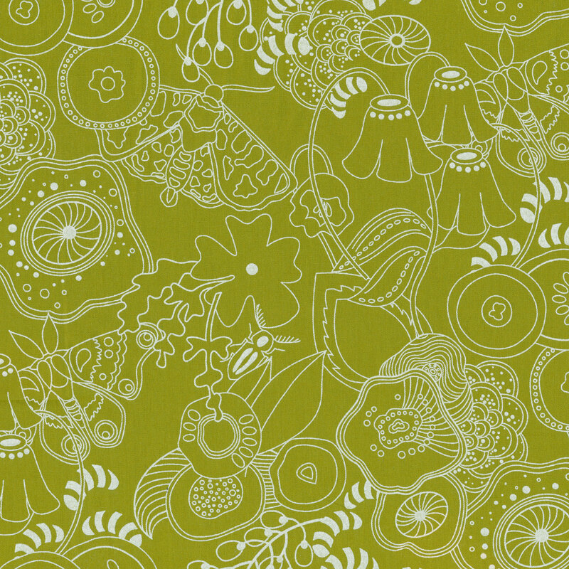 Fabric featuring flowers, butterflies and more in white modern lines on an avocado green background.
