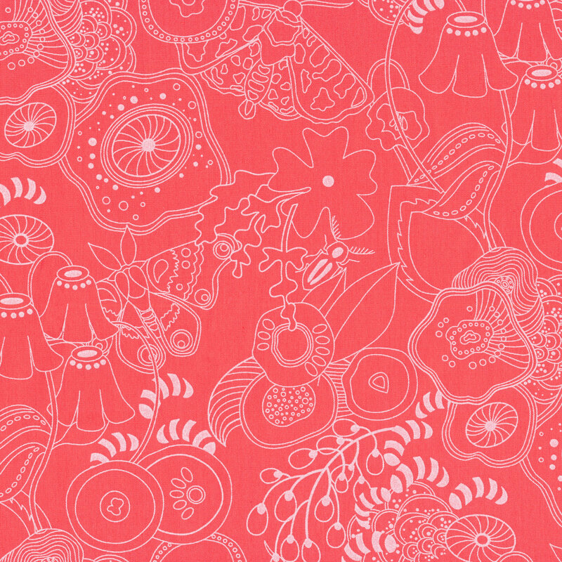 Fabric featuring flowers, butterflies and more in white modern lines on a bright pink background.