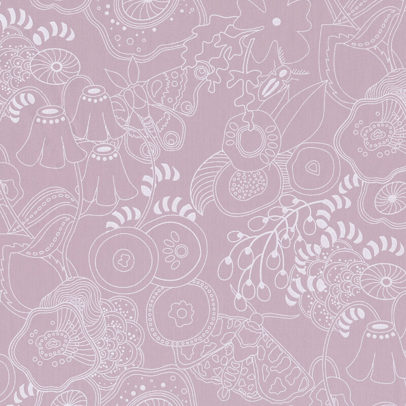 Fabric featuring flowers, butterflies and more in white modern lines on a warm gray background.