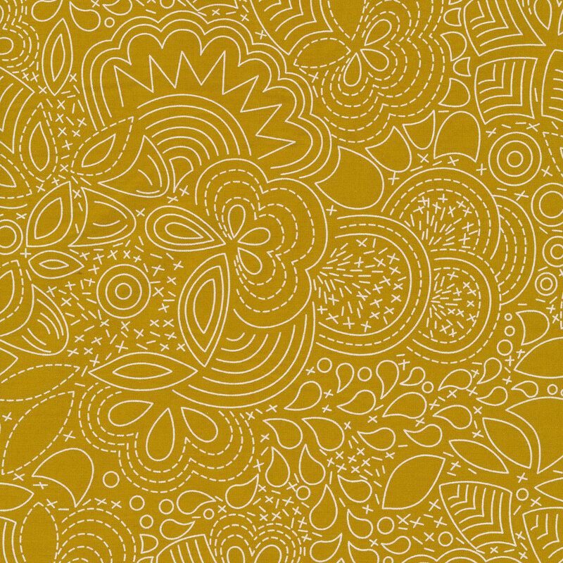 Fabric featuring flowers, butterflies and more in white modern lines on a brass yellow-green background.