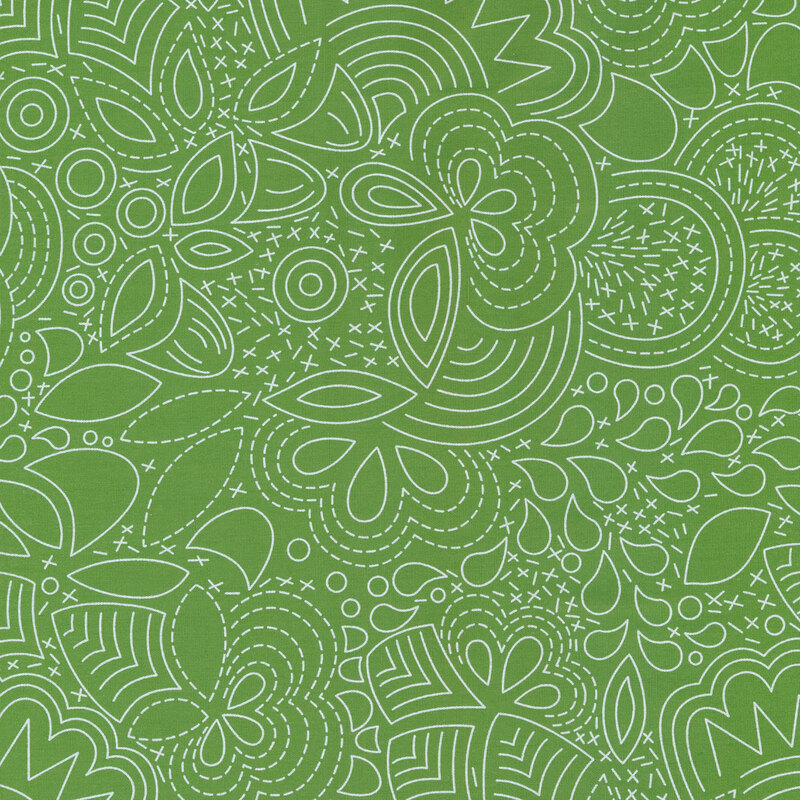 Fabric featuring flowers, butterflies and more in white modern lines on a bright pickle green background.