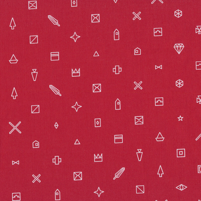 Fabric featuring various ditsy geometric shapes in white on a brick red background.