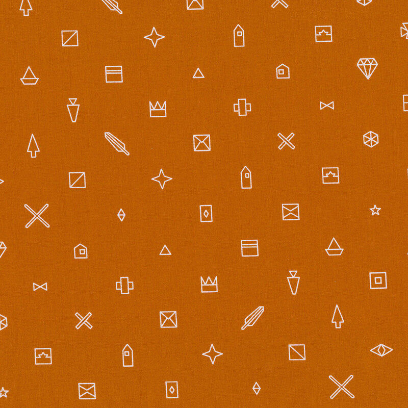 Fabric featuring various ditsy geometric shapes in white on a burnt orange background.