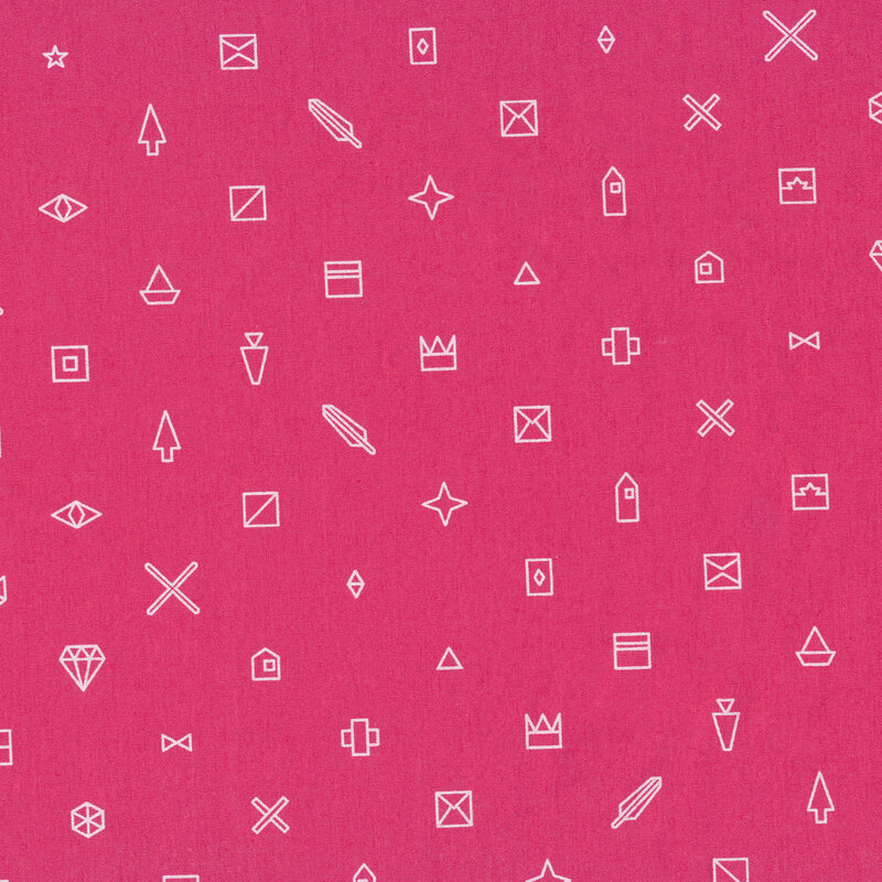 Fabric featuring various ditsy geometric shapes in white on a bright hot pink background.