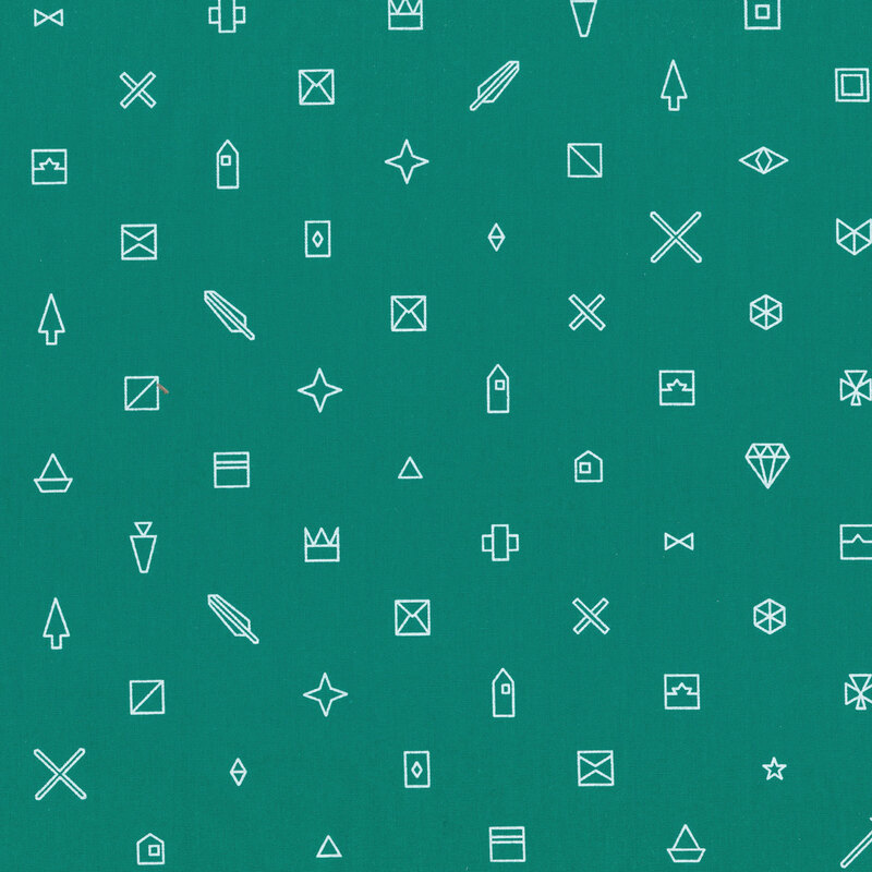 Fabric featuring various ditsy geometric shapes in white on a bold teal background