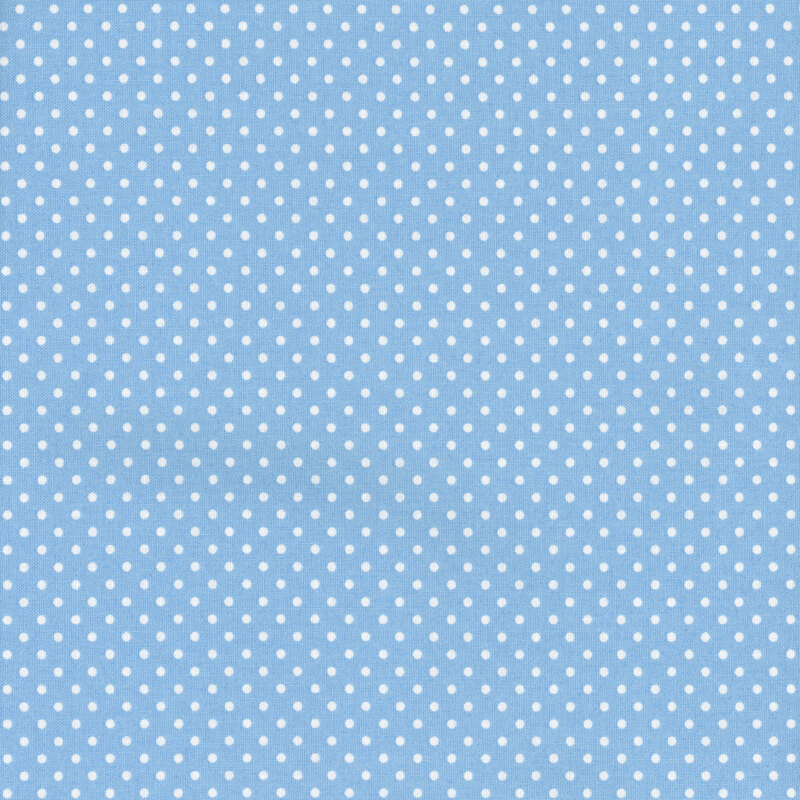 This fabric features light sky blue fabric with ditsy white polka dots