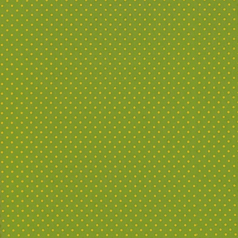 This fabric features a deep green with ditsy golden yellow polka dots