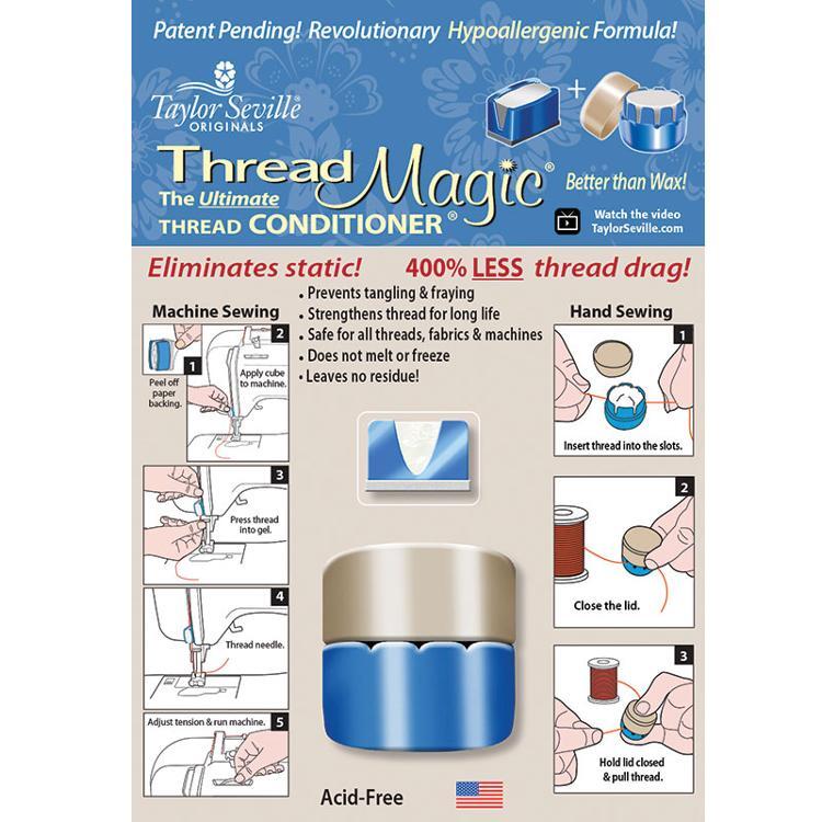 A package of Thread Magic with a circular container and small square cube applicator