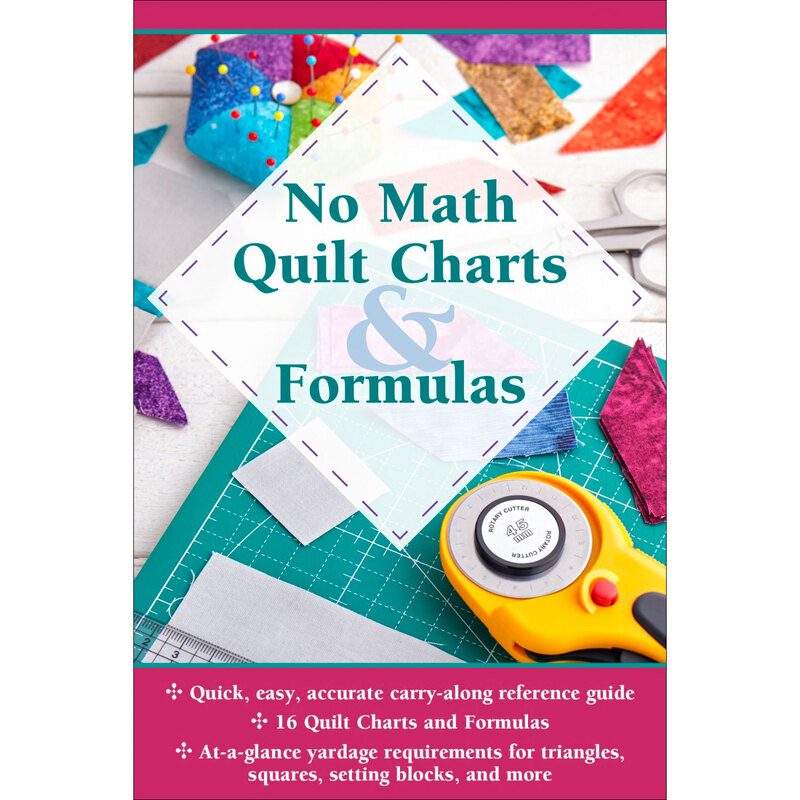 The front of the No Math Quilt Charts & Formulas book showing a desk scattered with fabric and a rotary cutter
