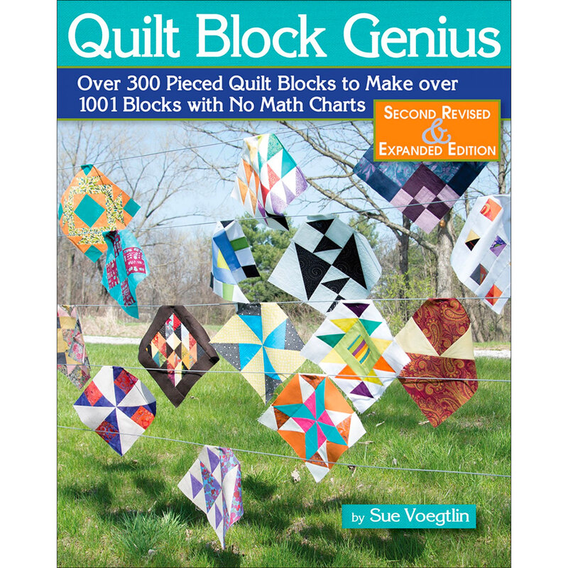 The front of the Quilt Block Genius book by Sue Voegtlin showing hanging quilt blocks from a clothesline