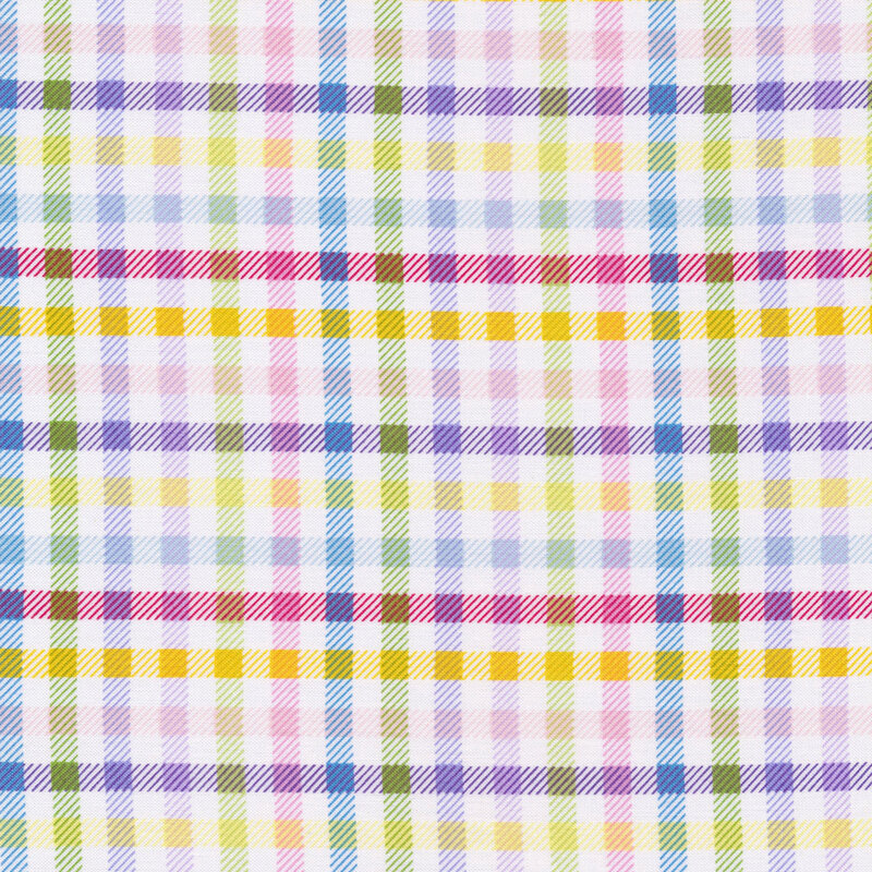 fabric with pink, purple, yellow, blue, and green plaid stripes on a white backgroun