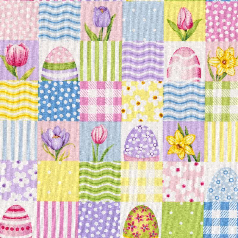 This fabric features eggs, polka dots, stripes and flowers in various multicolored squares.