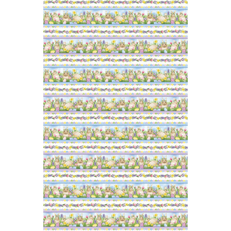 image of fabric featuring an Easter border stripe with bunnies, flowers and eggs in the grass