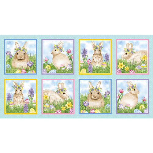 This fabric features a lovely blue panel with squares of bunnies and Easter eggs in tall green grass