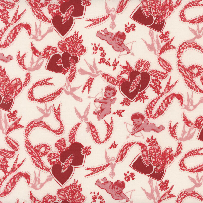 fabric featuring dark red hearts and pink ribbons with tossed cupids on a white background