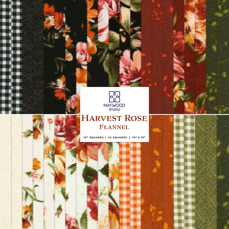 Composite graphic of all fabrics within the harvest rose flannel collection layer cake, featuring rustic rose fabrics and color ways