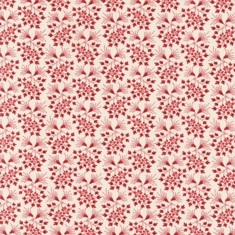fabric featuring dark red florals and vines on a cream white background