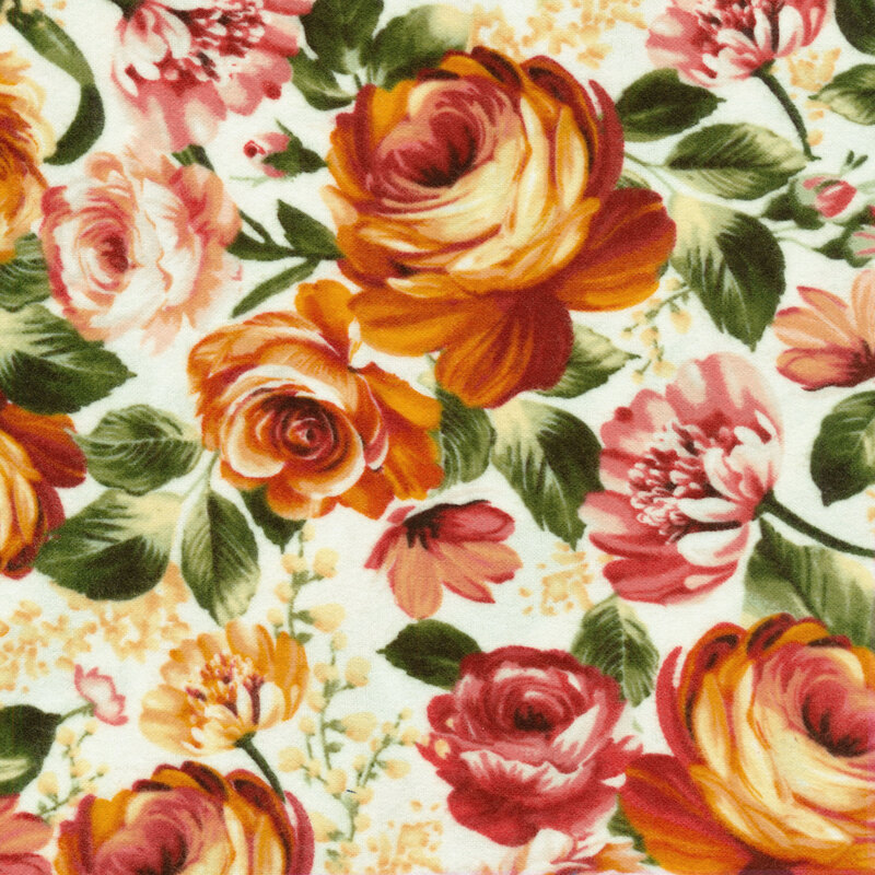 Cream fabric covered in rustic orange and red roses accented by warm green leaves