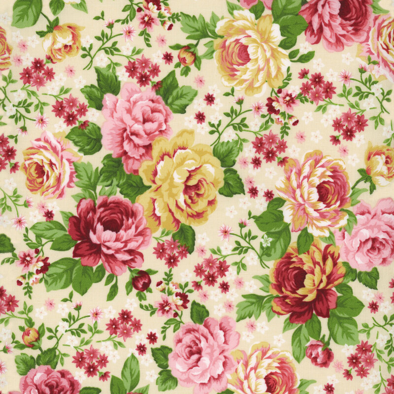 Image of fabric featuring roses and wildflowers set against a cream background