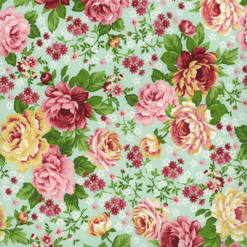 Image of fabric featuring full bloom roses and wildflowers set against an aqua background