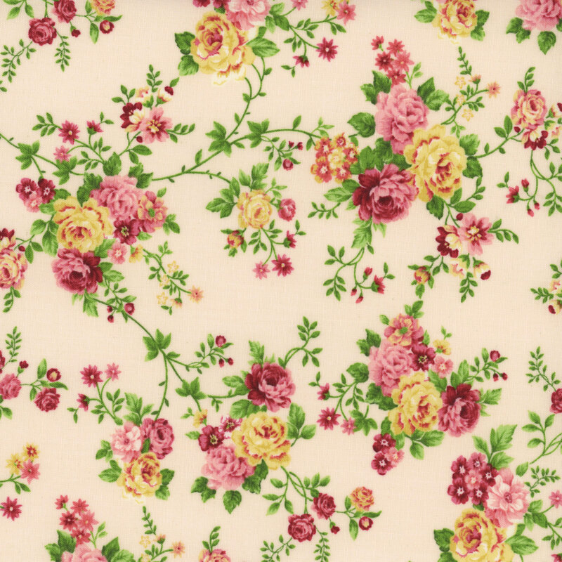 Image of fabric featuring roses on vines, interspersed with wildflowers and set against a pink background