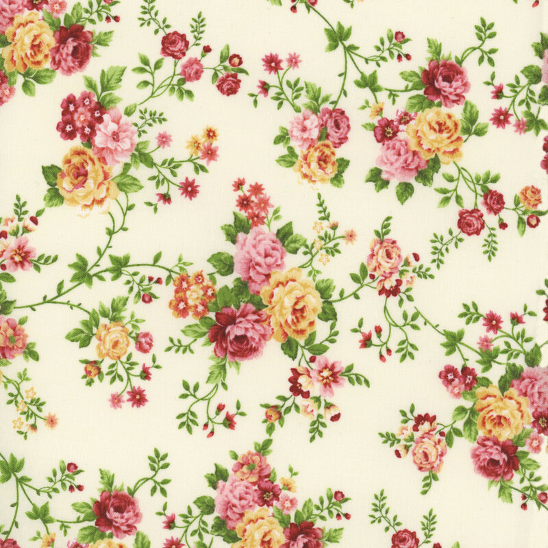 Image of fabric featuring roses on vines, interspersed with wildflowers and set against a cream background