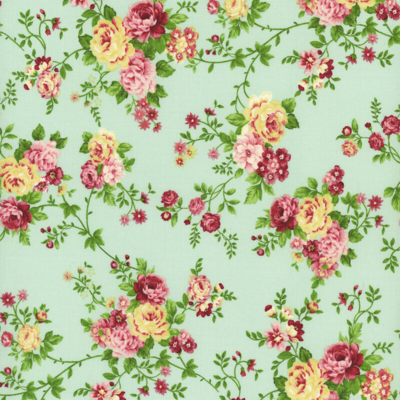 Image of fabric featuring roses on vines, interspersed with wildflowers and set against an aqua background