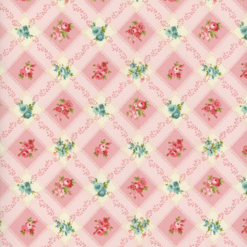 Image of fabric featuring a trellis pattern, accented by roses and flowers, and set against a pink background