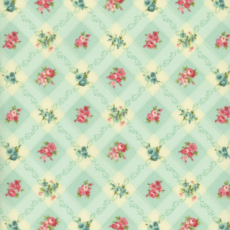 Image of fabric featuring a trellis pattern, accented by roses and flowers, and set against an aqua background
