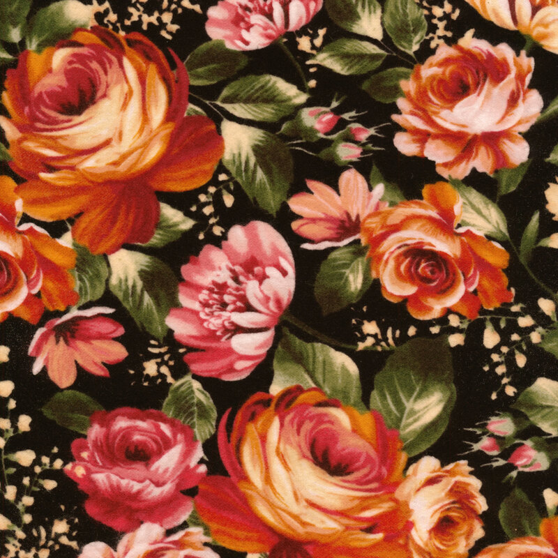 Black fabric covered in rustic orange and red roses accented by warm green leaves