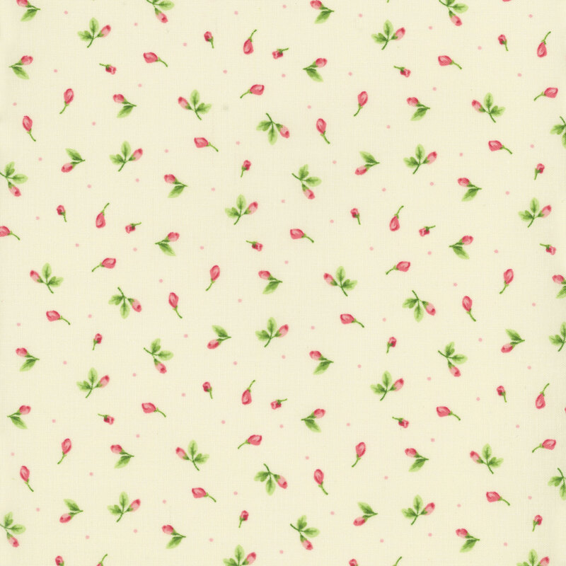Image of fabric featuring tossed rosebuds accented by pink dots, set against a cream background