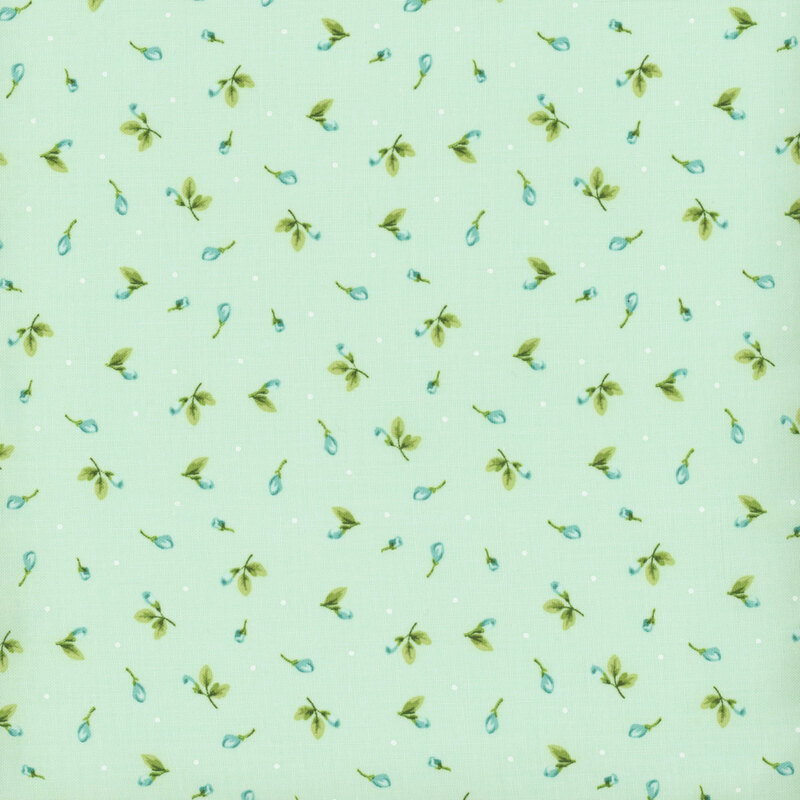 Image of fabric featuring tossed rosebuds accented by white dots, set against an aqua background
