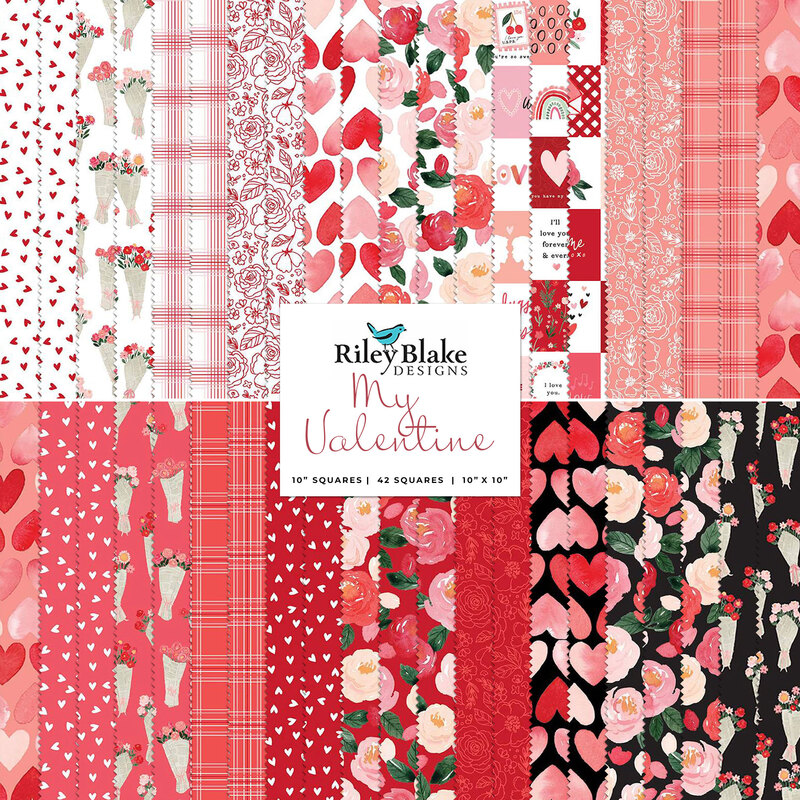 collage of all fabrics included in My Valentine 10-Inch Stacker