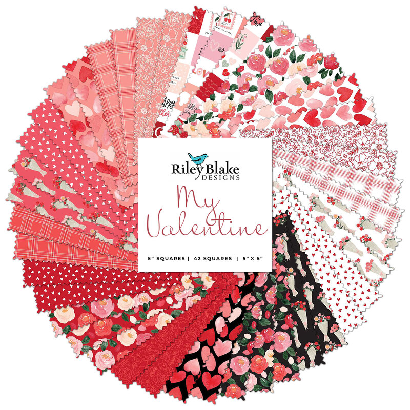 this collage features all fabric included in My Valentine 5-Inch Stacker