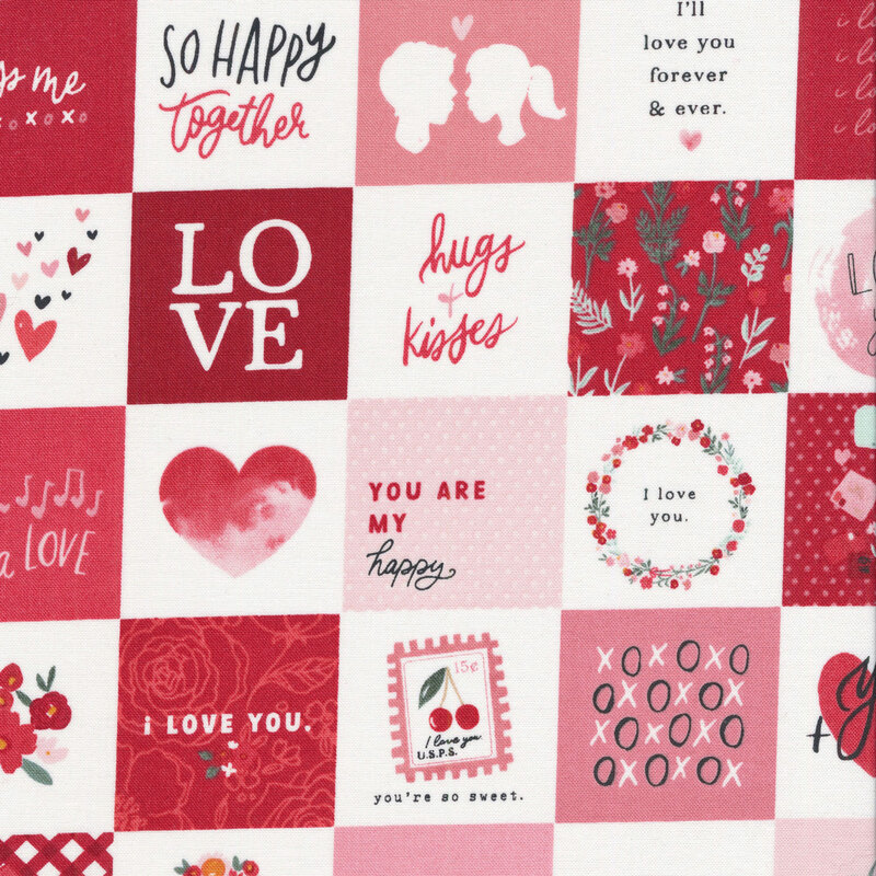 This fabric features a patchwork of love-themed text and icons in colorful squares