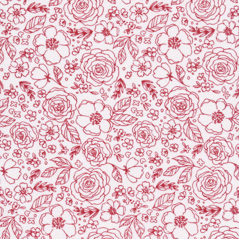 fabric featuring the outline of flowers, roses and leaves in dark red on a white background.