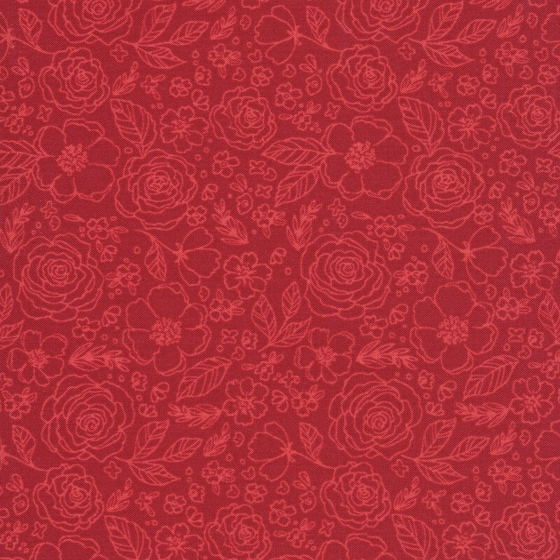 abric featuring the outline of flowers, roses and leaves in dark red on a darker red background.
