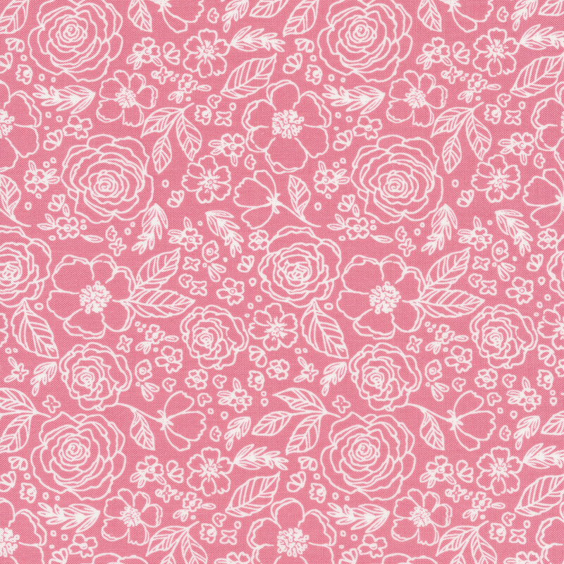 fabric featuring the outline of flowers, roses and leaves in bright white on a coral pink background