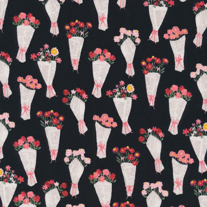 fabric featuring adorable bouquets of pink and red flowers wrapped in newspaper on a solid black background