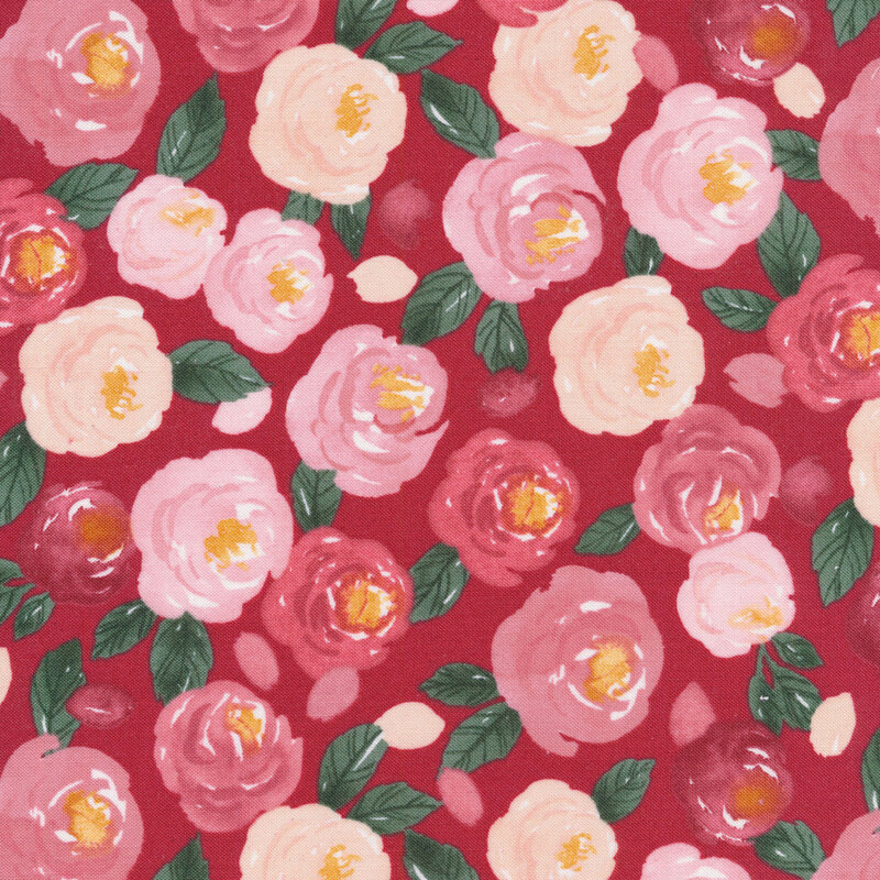 fabric featuring pink and cream watercolor roses with dark green leaves on a red background